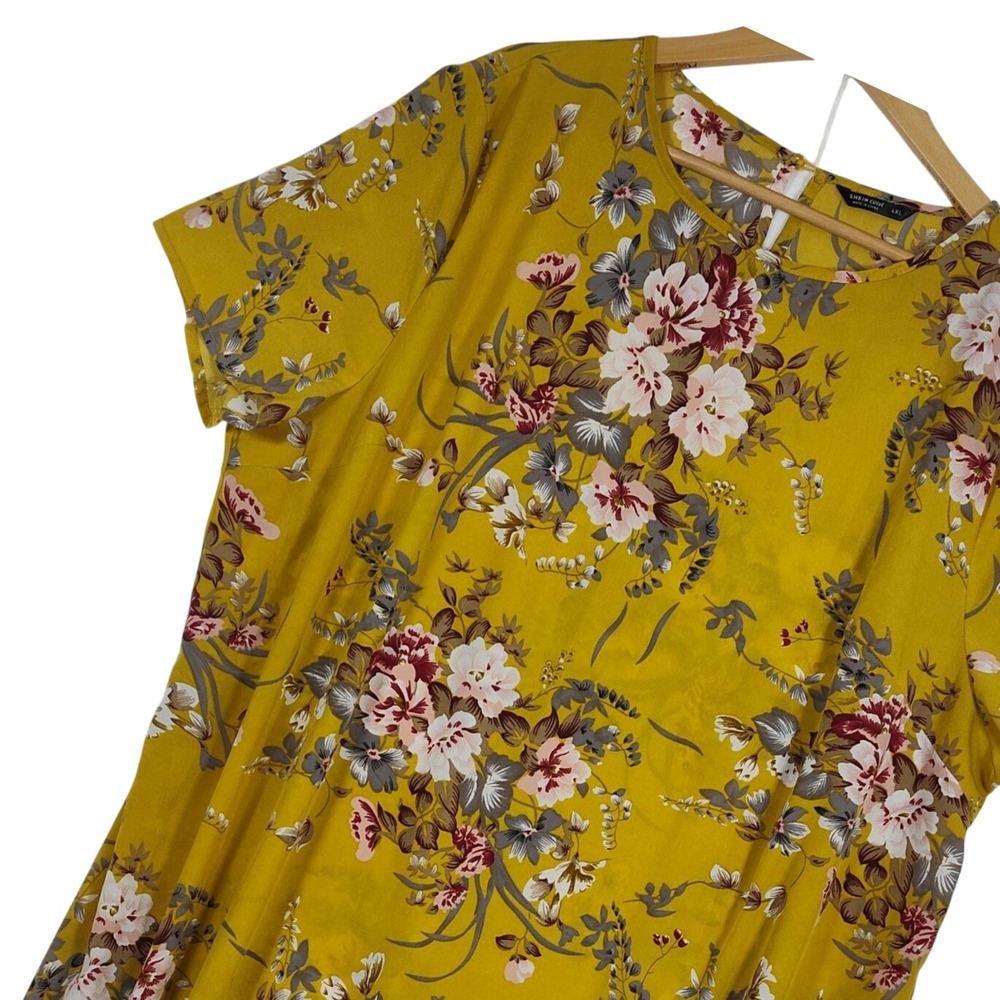 Women's Shein Curve Mustard Yellow Floral Short Sleeve Shift Dress 4XL Plus Size